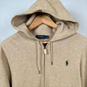 Mens Polo Ralph Lauren Tan Full Zip Up Soft Cotton Knit Hooded Sweater Sz L